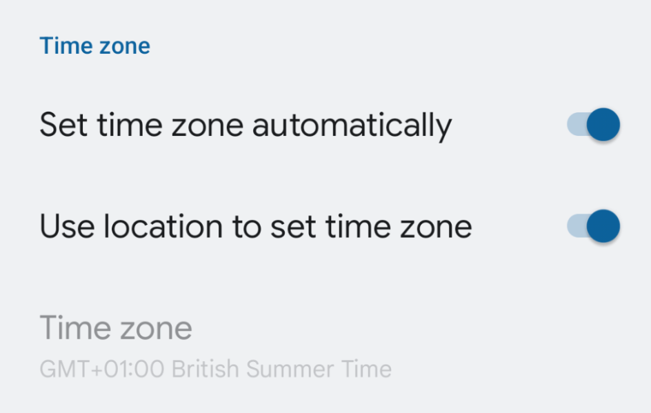 Automatic time zone detection in
Settings